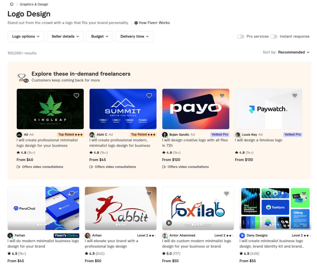 fiverr logo design services freelancer marketplace grid Fiverr logo design services page displaying a curated marketplace grid of professional freelance gig cards showcasing sample vector designs.