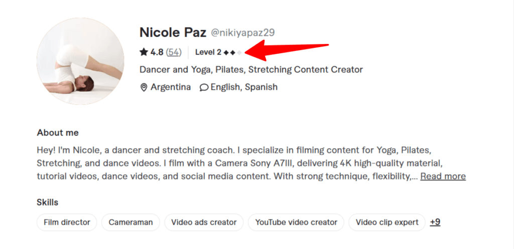 fiverr seller profile level 2 seller badge marker Fiverr seller profile showing a red arrow pointing to the level 2 Seller badge next to her profile details.