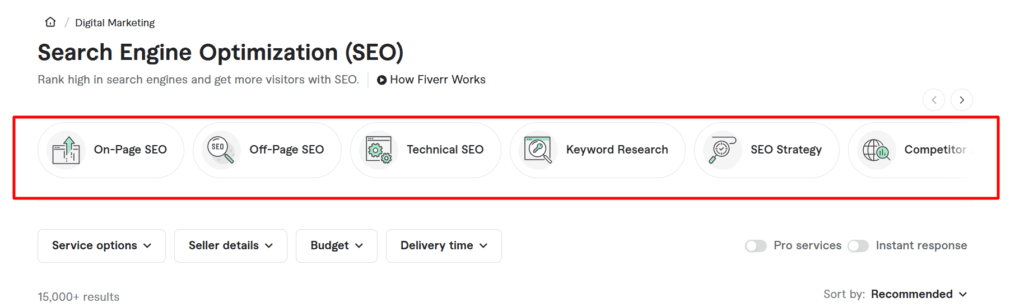 fiverr seo services subcategory navigation options Fiverr search filter for Search Engine search showing specific subcategory and navigation bubbles.