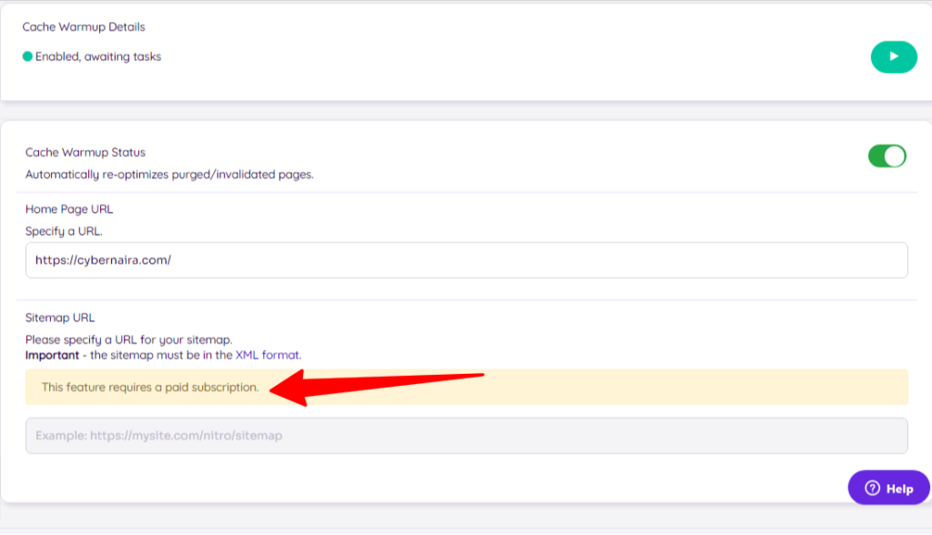 NitroPack Dashboard caceh warmup - CyberNaira Cache Warmup setting page