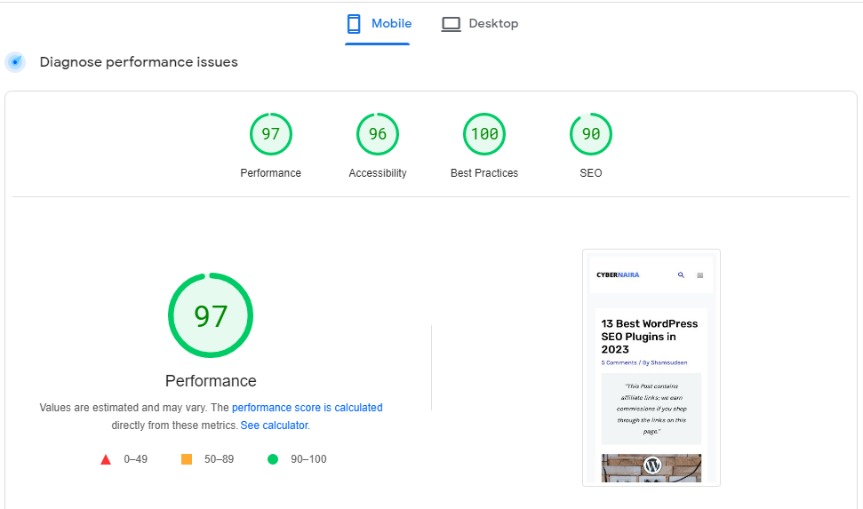 PageSpeed Insights mobile after NitroPack - CyberNaira Mobile page score after nitropack optimization