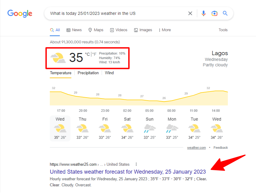 What is today 25 01 2023 weather in the US Google Search - CyberNaira Google search result for weather forcast in the US