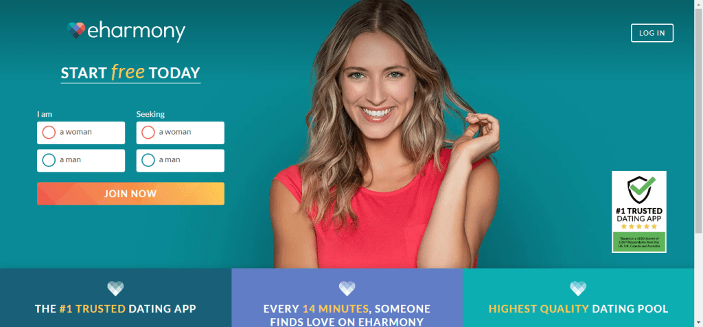 eharmony homepage featuring a smiling woman and registration options for finding compatible single men or women.