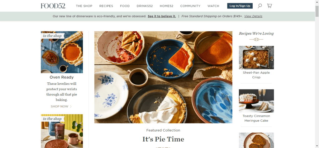 Food52 website homepage featuring seasonal pies, recipes for apple crisp and meringue cake, and eco-friendly dinnerware.