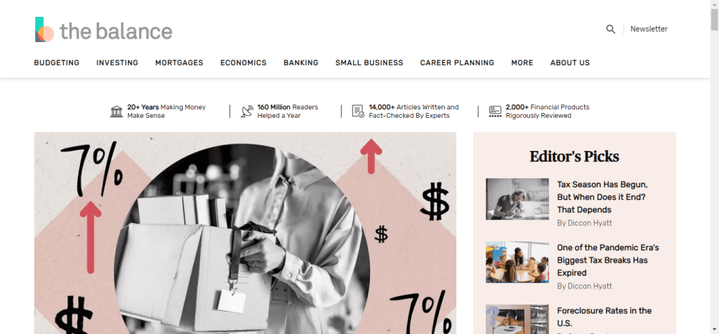 The Balance website homepage featuring the slogan "Make Money Personal" and articles about budgeting and investing.
