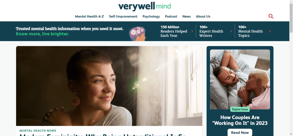 Verywell Mind homepage showing "Know more, live brighter" slogan and mental health news articles.