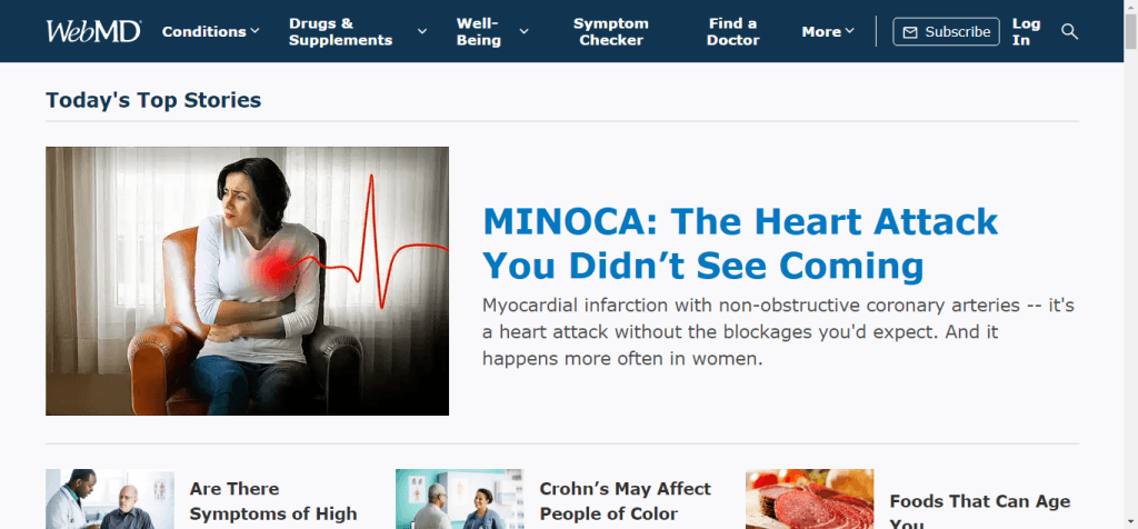 WebMD homepage featuring "Today's Top Stories" and a lead article about MINOCA heart attacks in women.