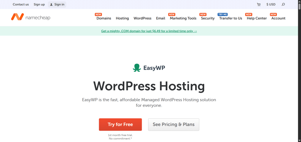Namecheap easywp wordpress hosting landing page - CyberNaira Namecheap EasyWP WordPress hosting page featuring octopus logo, headline 'WordPress Hosting', promotional banner for .COM domains at $6.49, and call-to-action buttons for Try for Free and See Pricing & Plans