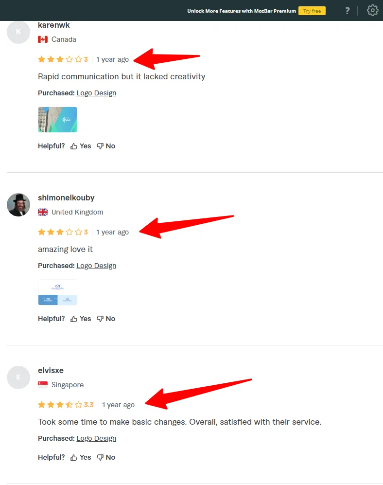 Multiple Fiverr user reviews for Antonclevela97 from one year ago showing a mix of feedback regarding communication speed, creativity, and project turnaround time.