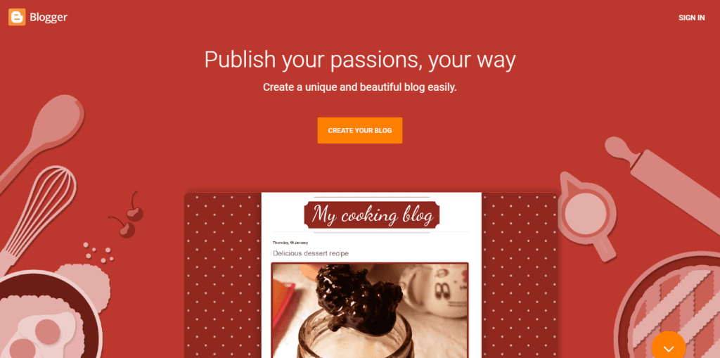 Blogger homepage featuring "Publish your passions, your way" headline on a red background with kitchen utensil illustrations.