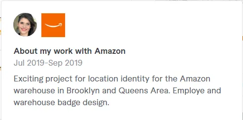 Borydesign Fiverr profile testimonial detailing a project for Amazon involving location identity and badge designs for Brooklyn and Queens warehouses.