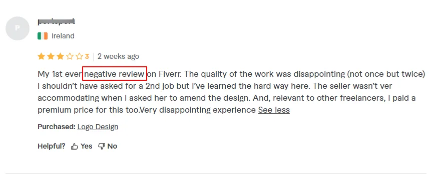 Negative customer review about Borydesign work with 3 star rating. 