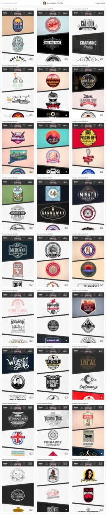 Borydesign logo design portfolio grid showcasing diverse branding styles including vintage emblems, modern typography, and colorful circular badges.