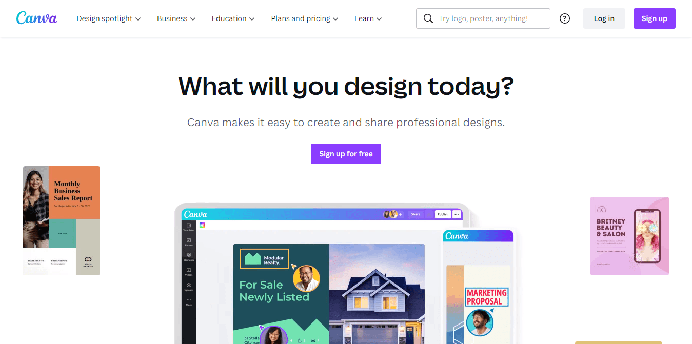 Canva homepage featuring the headline "What will you design today?" and various professional design templates.
