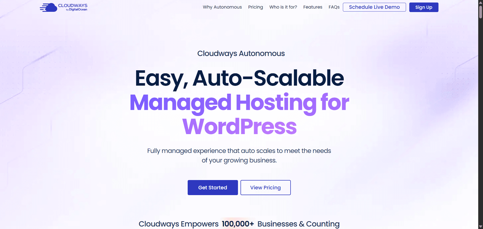 Cloudways Autonomous landing page with headline 'Easy, Auto-Scalable Managed Hosting for WordPress' on light purple background with subtle geometric patterns, featuring Get Started and View Pricing call-to-action buttons.