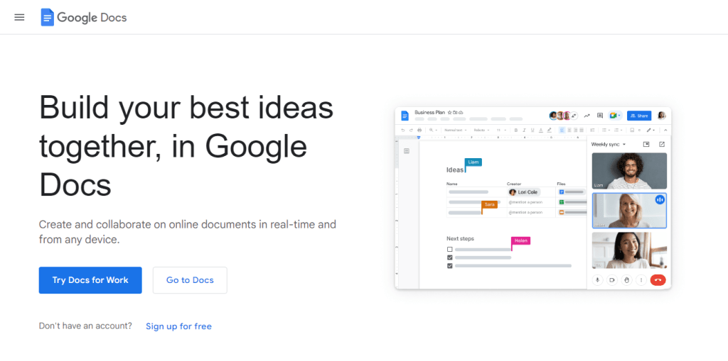 Google Docs homepage showing "Build your best ideas together, in Google Docs" with a collaborative document interface.