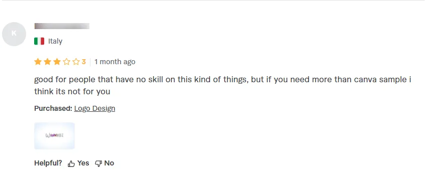 Fiverr user review for Grandpa Designs showing a negative feedback comment about disappointing work quality and unaccommodating service for a logo design project.