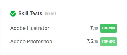 Fiverr skill test results for Grandpa Designs showing top 20% score in Adobe Illustrator and top 30% in Adobe Photoshop.