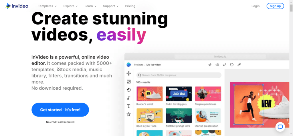 InVideo website homepage featuring "Create stunning videos, easily" headline and online video editor interface.