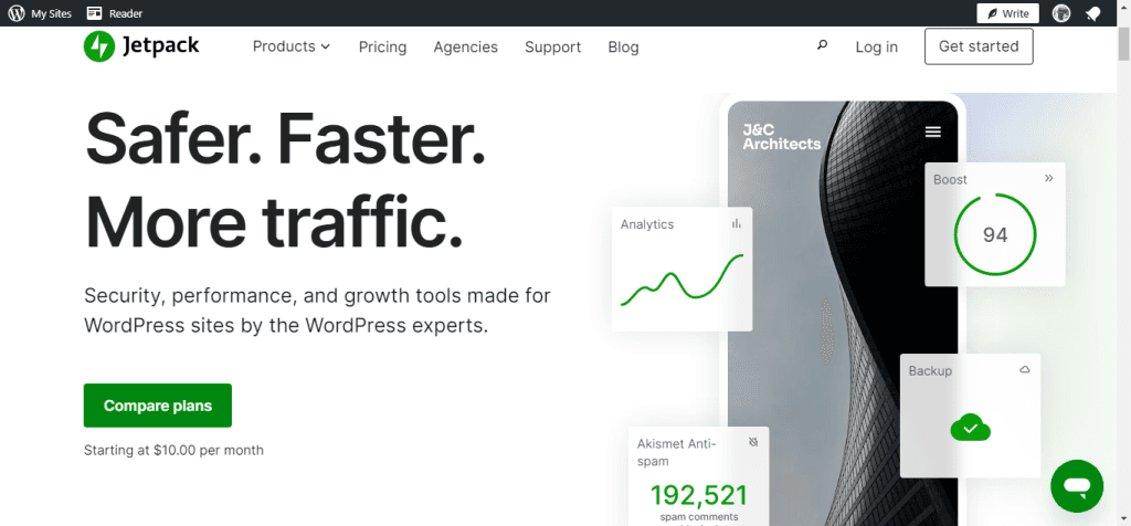 Jetpack website homepage showing "Safer. Faster. More traffic." headline with WordPress security and growth tool modules.