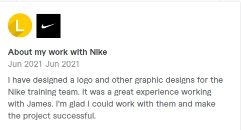 Lisavideointro Fiverr profile testimonial describing a logo and graphic design project completed for the Nike training team.
