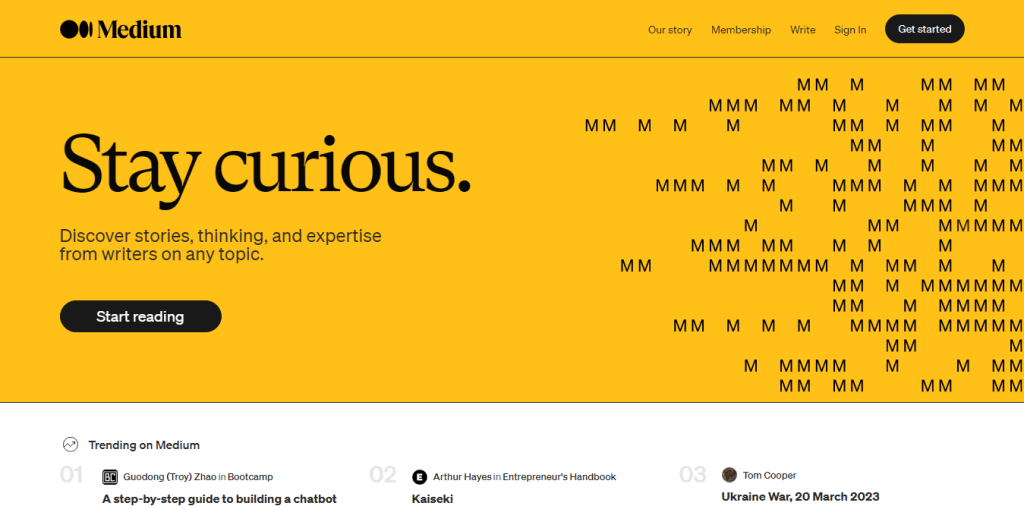 Medium homepage featuring "Stay curious" headline on yellow background with "M" logo pattern.