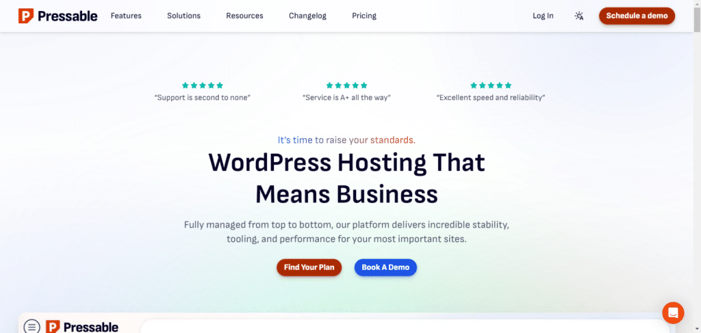 pressable wordpress hosting landing page - CyberNaira Pressable WordPress hosting landing page featuring customer testimonials with 5-star ratings, headline 'WordPress Hosting That Means Business' and call-to-action buttons for Find Your Plan and Book A Demo.