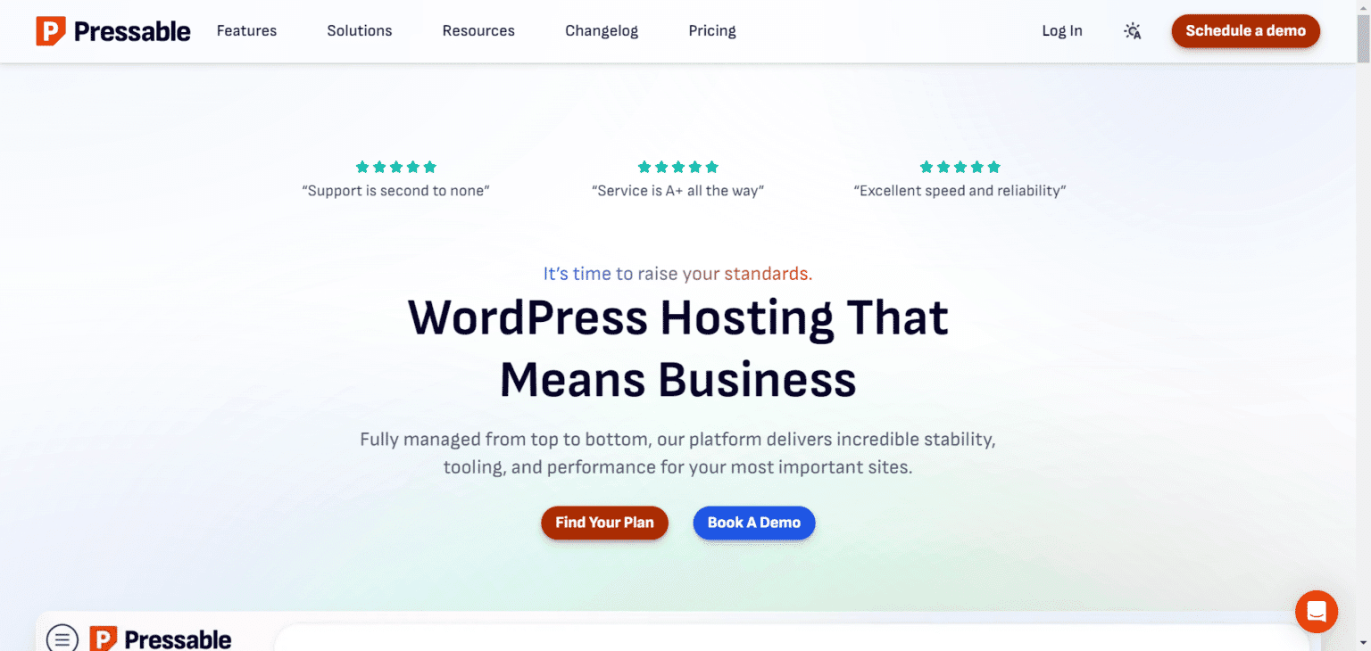 Pressable WordPress hosting landing page featuring customer testimonials with 5-star ratings, headline 'WordPress Hosting That Means Business' and call-to-action buttons for Find Your Plan and Book A Demo.