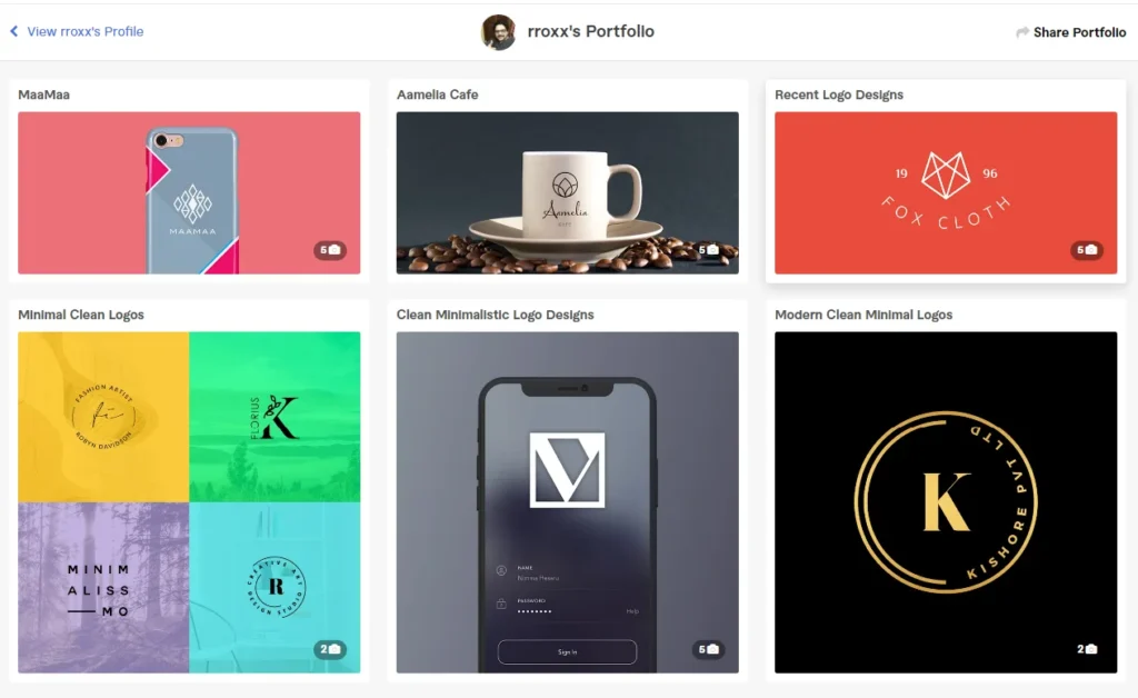 Graphic design portfolio grid showing logo examples for coffee mugs, phone cases, and minimalist branding concepts.