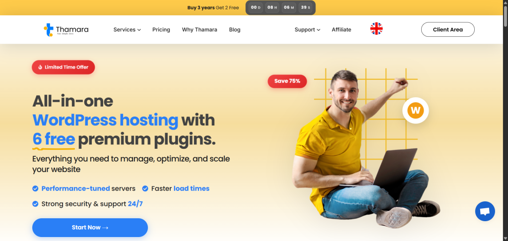 themara wordpress hosting landing page - CyberNaira A screenshot of the Thamara hosting website landing page featuring a vibrant yellow and white design. The main headline reads "All-in-one WordPress hosting with 6 free premium plugins." Below the headline, it highlights performance-tuned servers, faster load times, and 24/7 security and support. A man is pictured sitting with a laptop against a grid background with a "Save 75%" badge. The top header shows a countdown timer for a "Buy 3 years Get 2 Free" offer alongside navigation links for Services, Pricing, and Blog, and a "Client Area" login button.