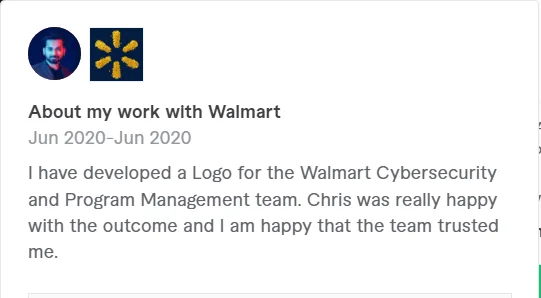 Weperfectionist Fiverr profile testimonial describing a logo design project completed for the Walmart Cybersecurity and Program Management team.