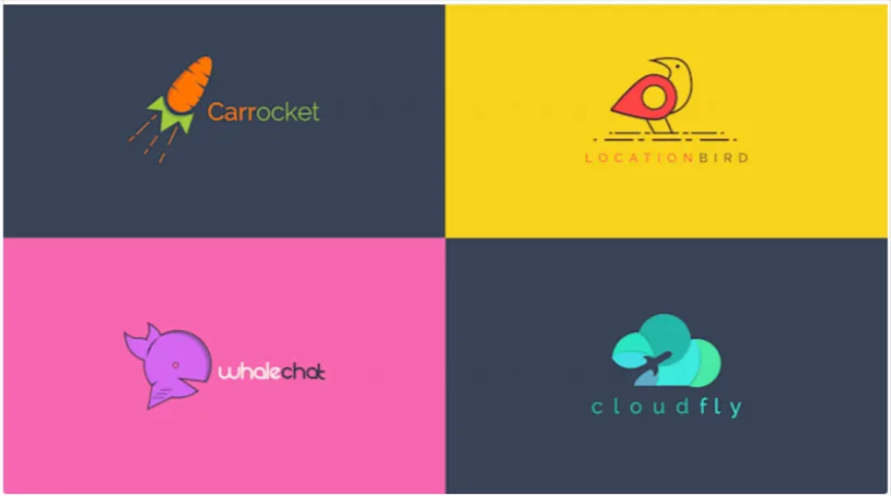 Weperfectionist graphic design portfolio grid featuring creative minimalist logos including a carrot rocket, a location bird, and a whale chat icon.