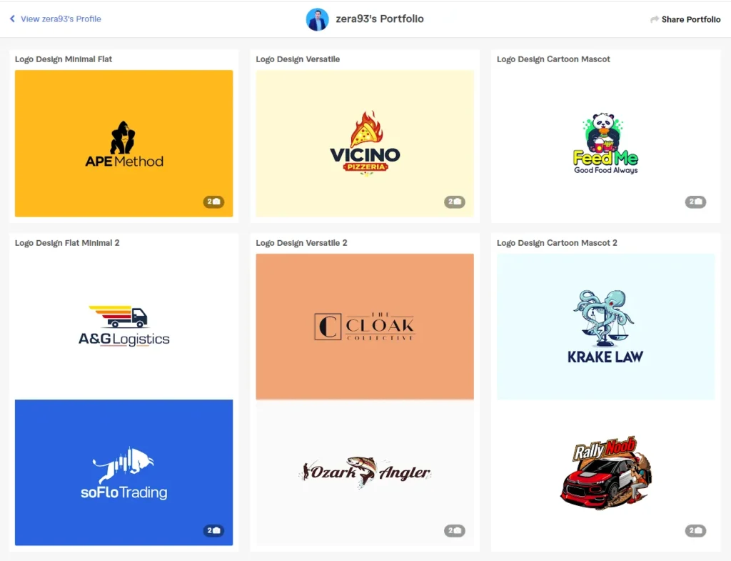 Zera93 graphic design portfolio showcasing a collection of minimalist and colorful logo designs including geometric shapes and professional branding.