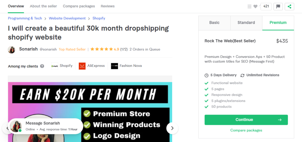Create a beautiful 30k month dropshipping shopify website by Sonarish Fiverr - CyberNaira A screenshot of a Fiverr gig by seller Sonarish titled "I will create a beautiful 30k month dropshipping shopify website." The seller is a Top Rated Seller with a 4.9-star rating and two orders in queue. The "Premium" package, "Rock The Web," is priced at $435 and includes premium design, conversion apps, and 50 products with custom SEO titles. The gig highlights previous clients like Shopify and AliExpress, promising a responsive design and 5-day delivery.