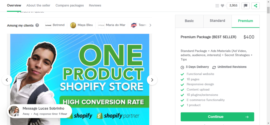 Create a one product shopify dropshiping store by Lucassobrinho Fiverr - CyberNaira A screenshot of a Fiverr gig titled "I will create a one product shopify dropshipping store" by seller Lucas Sobrinho. The Premium Package is priced at $400 and is labeled as a "BEST SELLER," offering a functional website with 10 pages, responsive design, 10 plugins, and ads materials including video and audience interests. The promotional image features a young man and the text "ONE PRODUCT SHOPIFY STORE HIGH CONVERSION RATE" with the Shopify and Shopify Partner logos at the bottom.