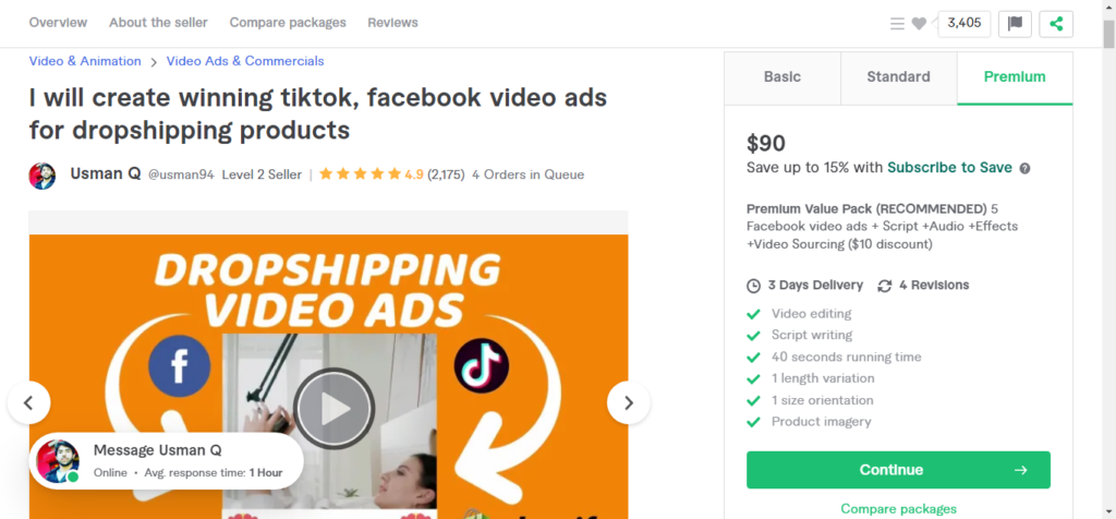 Create winning tiktok facebook video ads for dropshipping products by Usman94 Fiverr - CyberNaira A screenshot of a Fiverr gig titled "I will create winning tiktok, facebook video ads for dropshipping products" by Usman Q. The seller is a Level 2 Seller with a 4.9-star rating from 2,175 reviews. The Premium Value Pack is priced at $90 and includes 5 Facebook video ads with scripts, audio, and effects. The listing features TikTok and Facebook icons on an orange background and promises a 3-day delivery time.