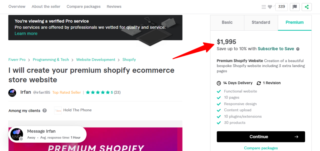 Create your premium shopify ecommerce store website by Irfan185 Fiverr - CyberNaira A screenshot of a Fiverr Pro gig titled "I will create your premium shopify ecommerce store website" by seller Irfan. The listing features a "verified Pro service" banner and a perfect 5-star rating. A red arrow points to the Premium package price of $1,995. The package includes a bespoke Shopify website with 3 extra landing pages, 10 pages total, responsive design, 10 plugins, and 30 products with a 14-day delivery time.