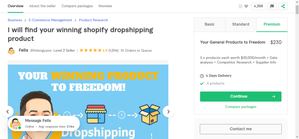 Find your winning shopify dropshipping product by Felixnguyen Fiverr - CyberNaira A screenshot of a Fiverr gig titled "I will find your winning shopify dropshipping product" by seller Felix. The page shows a Level 2 Seller status with a 4.9-star rating from over 1,000 reviews. On the right, the Premium package titled "Your General Products to Freedom" is priced at $230, offering three products with data analysis, competitor research, and supplier info. A promotional banner at the bottom features an illustrated character and the text "YOUR WINNING PRODUCT TO FREEDOM!"
