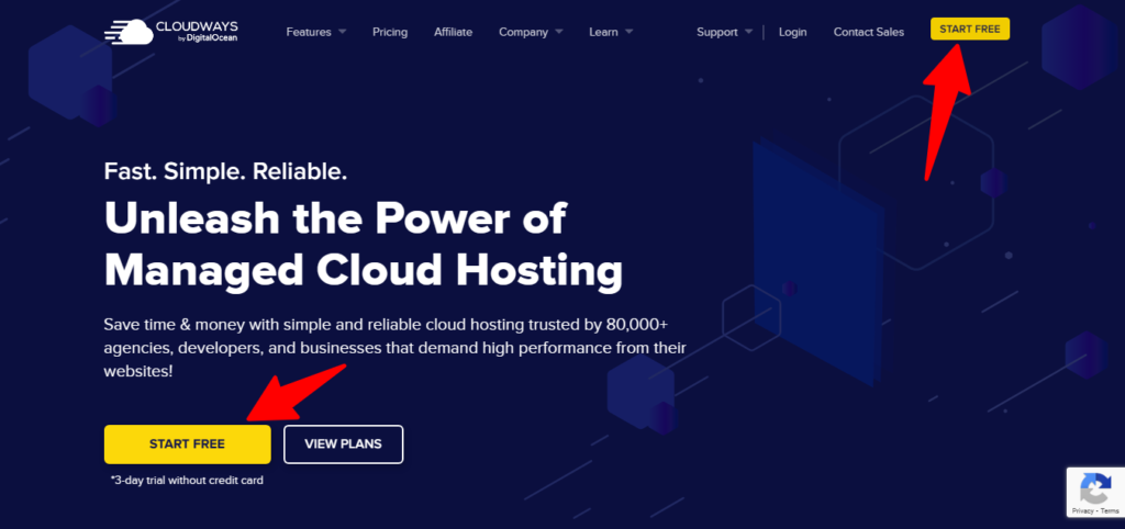 Managed Cloud Hosting Platform Simplified Cloudways buttons - CyberNaira Cloudways Start FREE Button on the home page