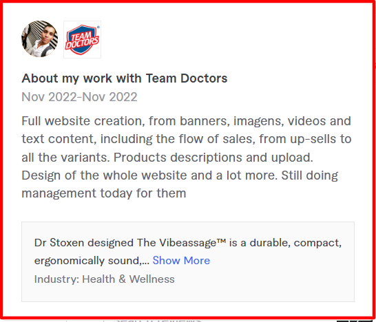 lucassobrinho Profile Fiverr - CyberNaira A screenshot of a Fiverr seller's profile section titled "About my work with Team Doctors." The description covers a project from November 2022 involving full website creation, including banners, images, videos, text content, and sales flow management. A information box below identifies Team Doctors within the Health and Wellness industry, specifically mentioning a product called The Vibeassage designed by Dr. Stoxen.