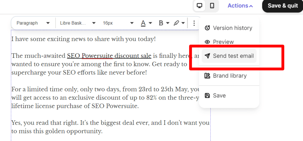 Email send test preview button in Brevo