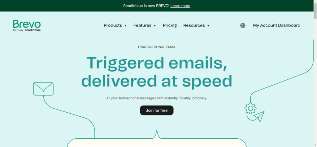 Brevo transactional email landing page featuring "Triggered emails, delivered at speed" headline.