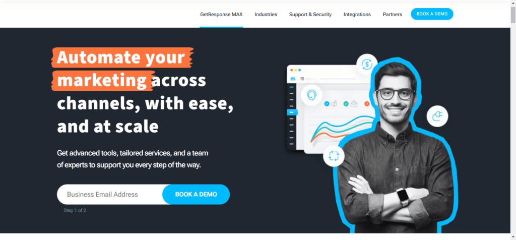 Man with glasses and folded arms next to marketing automation graphics on GetResponse MAX page.