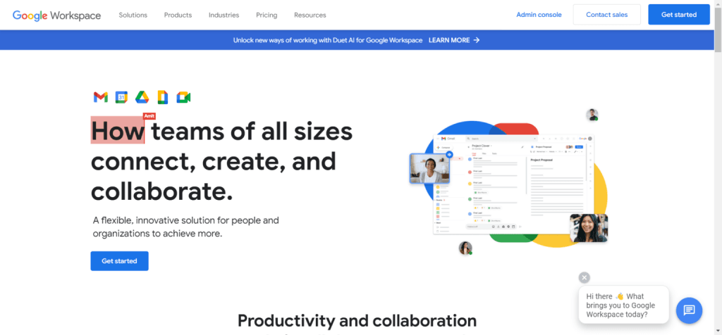 Google Workspace homepage displaying Gmail, Calendar, Drive, and Meet icons with "How teams of all sizes connect, create, and collaborate" headline.