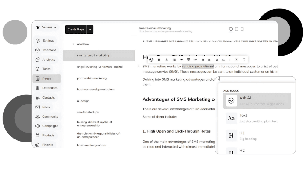 Venturz user dashboard to create landing pages