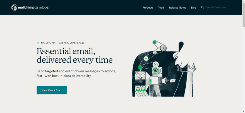 Mailchimp developer landing page featuring "Essential email, delivered every time" headline with transactional email artwork.