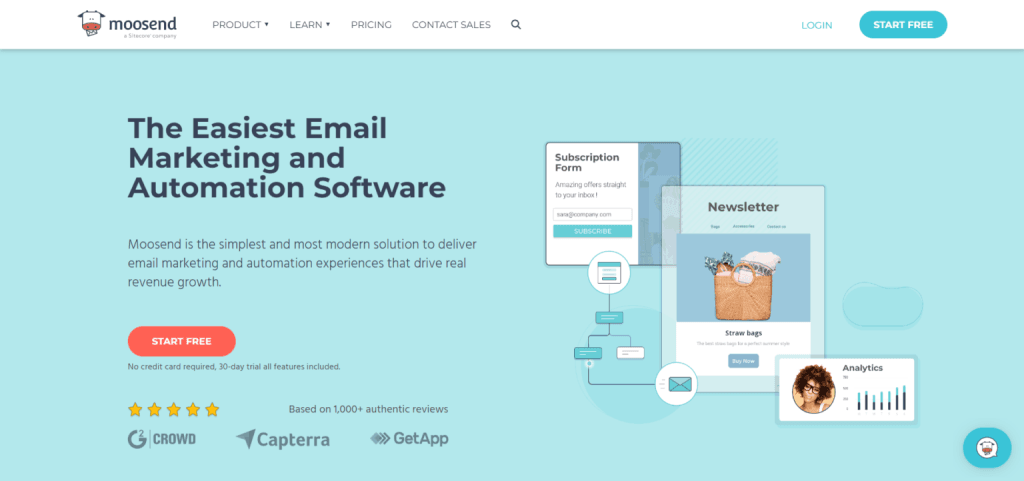 Moosend homepage featuring "The Easiest Email Marketing and Automation Software" headline with newsletter and subscription form previews.