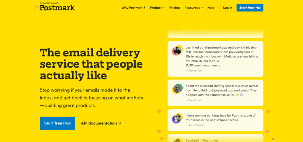 Postmark homepage on yellow background featuring "The email delivery service that people actually like" headline with customer testimonials.