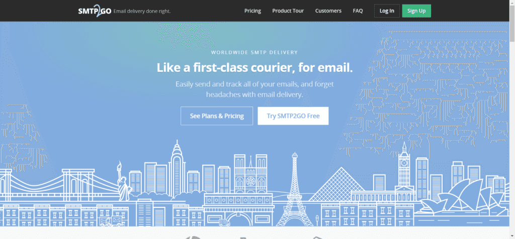 SMTP2GO homepage featuring "Like a first-class courier, for email" headline above a blue skyline illustration.