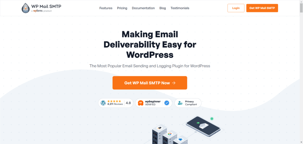 WP Mail SMTP homepage featuring "Making Email Deliverability Easy for WordPress" headline with bird logo and server icons.